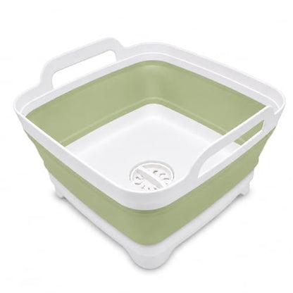 2.4 Gal(9L) Collapsible Dish Basin with Drain Plug, Space Saving Outdoor Multiuse Foldable Sink Tub, Dishpan, Kitchen Storage Tray for Camping, Vegetable Washing, RV (Green) - color: Green