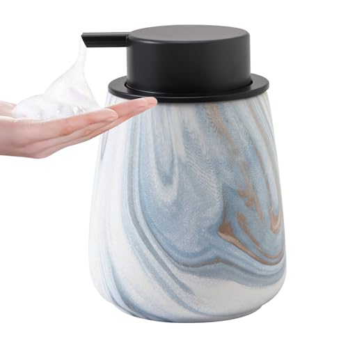 12Oz Foaming Hand Soap Dispenser - Ceramic Bathroom Foam Soap Dispenser with Easy-to-Press Black Pump, Refillable Lotion Hand Dispenser, Dish Soap Dispensers for Kitchen, Marble Blue - color: Marble Blue, style: Foam Pump