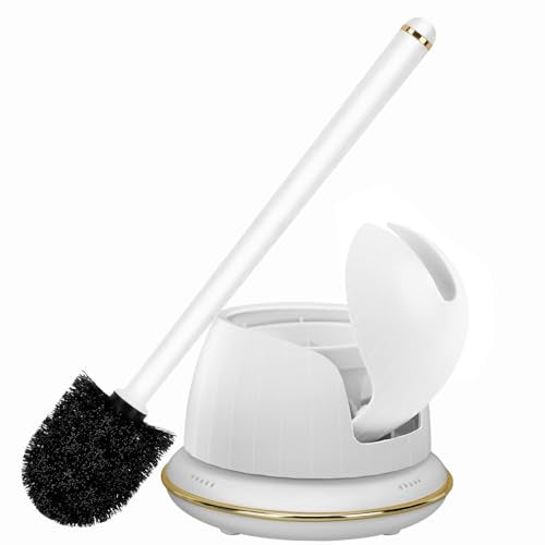 Gold and White Toilet Brush Set with Ergonomic Solid Long Handle, Auto-Opening Base, and Ventilated Base - Great for Bathroom and Toilet Cleaning, White and Gold Bathroom Accessories - size: 1 pack flip cover