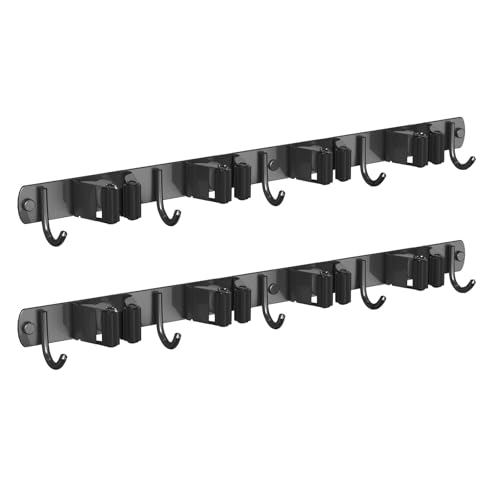 CUXIXA 2 Pack Mop and Broom Holder Wall Mount, Non-slip Broom Hanger Wall Mount, Heavy Duty Mop Broom Organizer for Kitchen Garden Garage Laundry Room Wall Decor Organization and Storage Black 4R5H - color: Black, size: 2 Pack 4 Racks with 5 Hooks