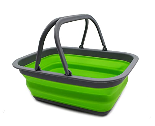 SAMMART 9.2L (2.37Gallon) Collapsible Tub with Handle - Portable Outdoor Picnic Basket/Crater - Foldable Shopping Bag - Space Saving Storage Container (1, Dark Grey/Green) - color: Dark Grey/Green