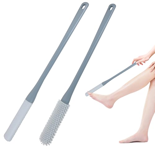 OWIIZI Toe Cleaning Brush 15.7" Foot Scrubber in Shower with Long Handle Silicone Gap Brush Between Toes Cleaner Soft Feet Care Scrub for Seniors,Elderly, Men and Women- 2Pack - color: Grey