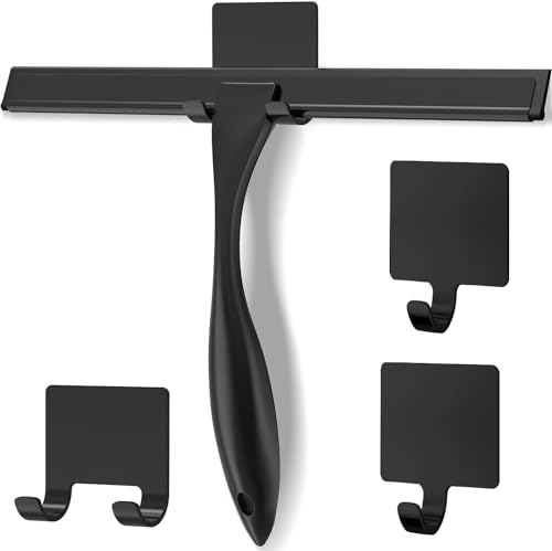 Stainless Steel Shower Squeegee for Glass, Includes 3 Adhesive Hooks, Shower Door Squeegee for Bathroom, Household Window, Car Windshield, Mirrors, Tiles Scrubber Clear, 12 inch Black - color: Black, size: 12inch