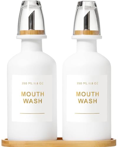 11.8OZ Mouthwash Dispenser for Bathroom with Bamboo & Stainless Steel Pour Spout, Mouthwash Cups Reusable, Bamboo Tray, and Elegant Gold Label. Set of 2（White - color: White/350*2