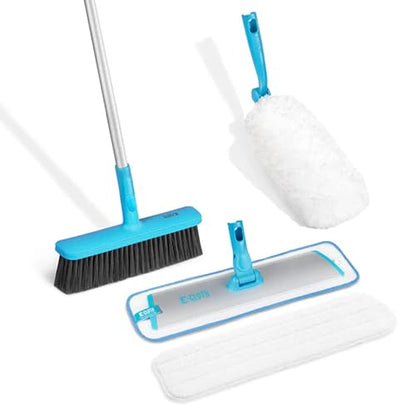 E-Cloth Easy-Click Home Cleaning Supplies Set - Dust Broom & Flat Mop Kit for Floor Cleaning, Wall, Ceiling, & Floor Duster, Adjustable Handle, Interchangeable Heads, Washable Pads, No Refills Needed