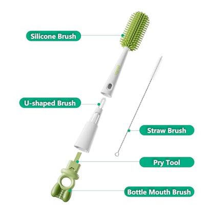 Detachable 5-in-1 Bottle Cleaning Brush Set - Silicone Baby Bottle Brush Cleaner Kit with Nipple Brush, Detail Brush & Straw Brush, Portable Long Handle Bottles Scrubber Cleaning Tool