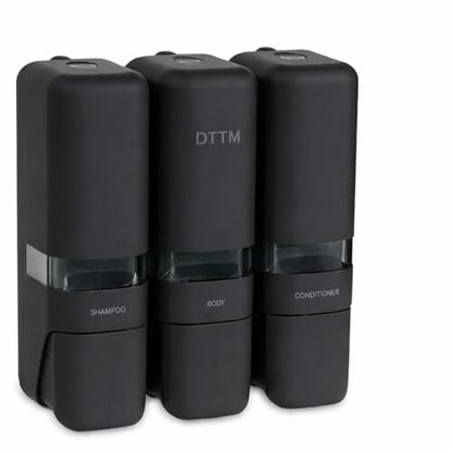 Shower Soap Dispenser 3 Chamber No Drill, Wall Mounted Shampoo Conditioner Body Wash Dispenser, Stick-On Installation, Lockable Matte Black, Refillable 250ml x 3 for Bathroom & Hotel