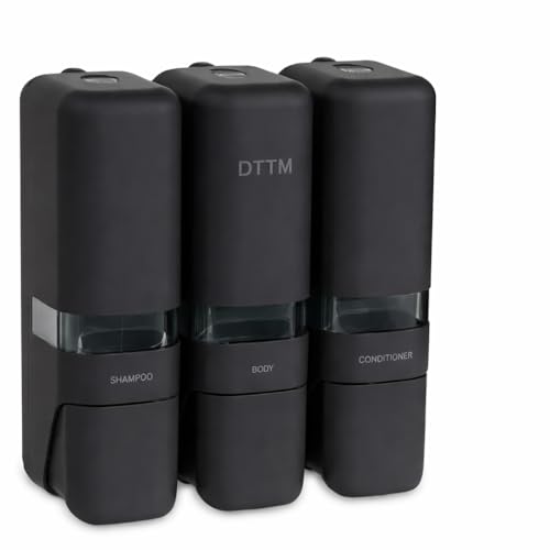 Shower Soap Dispenser 3 Chamber No Drill, Wall Mounted Shampoo Conditioner Body Wash Dispenser, Stick-On Installation, Lockable Matte Black, Refillable 250ml x 3 for Bathroom & Hotel