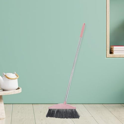 ULTECHNOVO Handheld Household Broom with Long Handle, Nordic Pink Small Dust Sweeper for Pet Hair Removal and Floor Cleaning, Heavy Duty Indoor and Outdoor Sweeping Tool