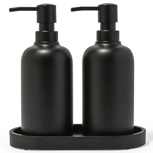 Matte Black Round Soap Dispenser Set with Tray for Kitchen, Countertop & Bathroom – 2 Pack 15 oz Refillable Resin Pump Bottle for Dish Soap, Hand Soap, Shampoo, Conditioner – Non-Slip Protective Pads - color: Black, style: Round Soap Dispenser Set with Tr