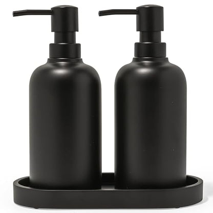 Matte Black Round Soap Dispenser Set with Tray for Kitchen, Countertop & Bathroom – 2 Pack 15 oz Refillable Resin Pump Bottle for Dish Soap, Hand Soap, Shampoo, Conditioner – Non-Slip Protective Pads - color: Black, style: Round Soap Dispenser Set with Tr
