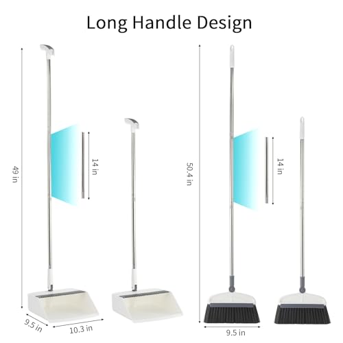 Broom with Dustpan Combo Set, 2 in 1 Broom and Dustpan Set with Long Handle, Upright 180° Rotating Broom with Brush and Lightwight Dust Pans for Home Kitchen Room Office Lobby Floor Cleaning，White