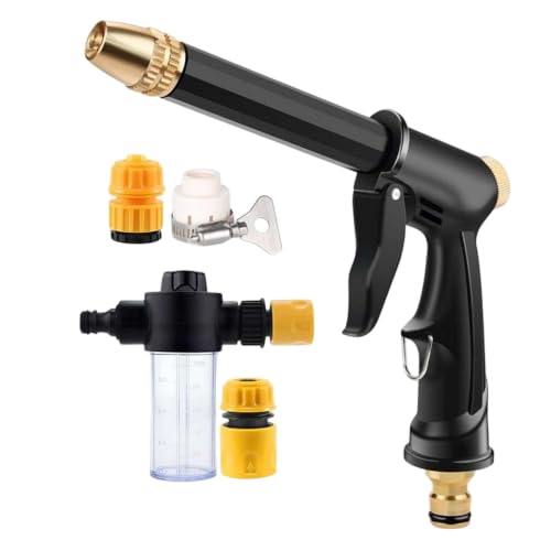High Pressure Hose Nozzle with 4 Spray Modes, Adjustable Water Spray Gun, Metal Garden Hose Sprayer for Car Wash, Plant Watering, Patio & Outdoor Cleaning (1, Washer+3 Connectors+Foam Cannon)