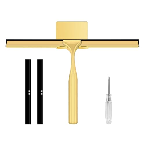 Shower Squeegee for Glass Doors,10 Inch Stainless Steel Squeegee for Shower Glass with Storage Hook, Shower Squeegee for Tile Shower Walls, Window Mirror Squeegee and Car Glass (Gold)
