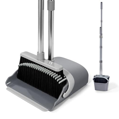 YZO Broom with Dustpan Combo Set, 54.33 Inch Long Handle Standing Design, Dustpan Front Rubber Tight Seal, Broom with 5 Layer Bristles, Suitable for Bedroom, Yard, Office and Apartment(Gray&Black) - color: Gray&black
