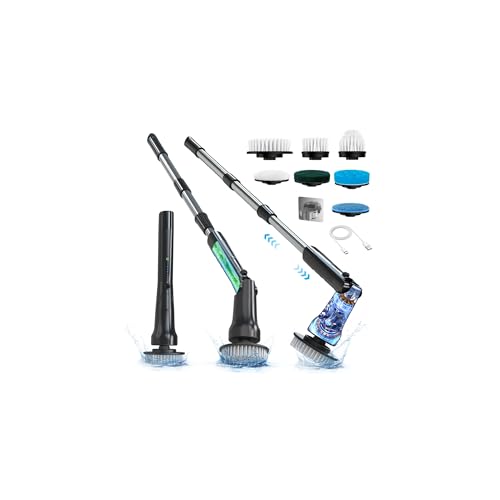 Hillyfe Black Electric Spin Scrubber, Cordless Shower Scrubber with Long Handle, Power Tub & Floor Scrubber, Shower Cleaner Brush for Bathroom, Grout and Tile, 7 Heads, IPX7 Waterproof - color: Black
