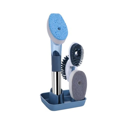 Soap Dispensing Dish Brush Set with Holder - 3 Replaceable Heads (Sponge, Scrubber, Brush) - Long Handle Kitchen Cleaning Brush for Pots, Pans, Sink & Dishes - Non-Slip Grip (Blue)