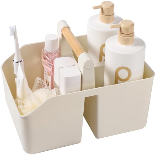 rejomiik Portable Shower Caddy Basket with Bamboo Handle, Plastic Cleaning Caddy Bathroom Organizer Tote for College Dorm Essentials, Bath Toy Storage, Cream - color: Cream