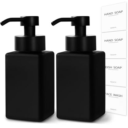 Black Foaming Hand Soap Dispenser, 12oz/350ml Glass Square Foam Soap Dispenser Set, 2Pcs Foaming Soap Dispenser with Foaming Pump, Refillable Soap Foam Dispenser for Bathroom, Kitchen - color: Black