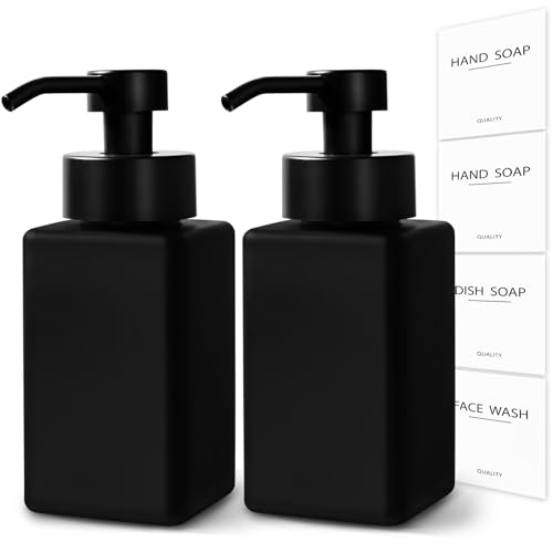 Black Foaming Hand Soap Dispenser, 12oz/350ml Glass Square Foam Soap Dispenser Set, 2Pcs Foaming Soap Dispenser with Foaming Pump, Refillable Soap Foam Dispenser for Bathroom, Kitchen - color: Black