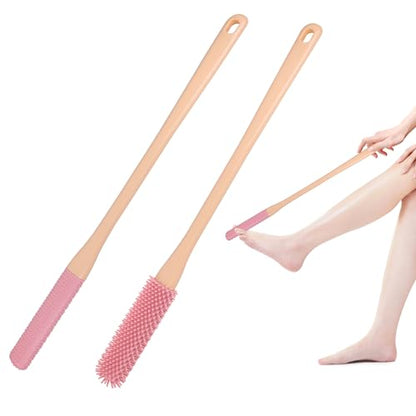 OWIIZI Toe Cleaning Brush 15.7" Foot Scrubber in Shower with Long Handle Silicone Foot Brush Soft Skin Exfoliation Lotion Applicator for Foot Seniors,Elderly, Men and Women 2Pack - color: Pink