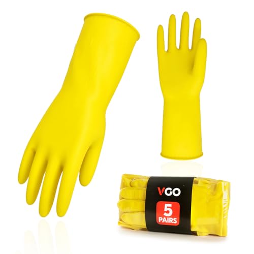 Vgo... 5-Pairs Reusable Household Gloves, Rubber Dishwashing gloves, Extra Thickness, Long Sleeves, Kitchen Cleaning, Working, Painting, Gardening, Pet Care (Size L, Yellow, HH4601) - color: 5 Pairs - Yellow, size: Large