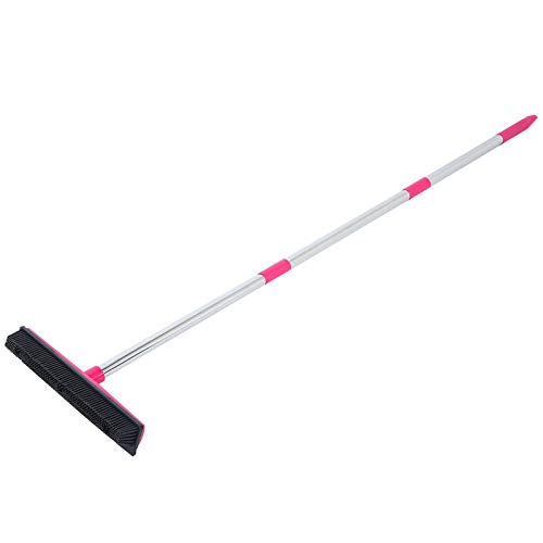 Pet Hair Removal Rubber Broom with Squeegee, Fur Remover Broom with Telescoping Long Handle for Carpet, Hardwood Floor, Tile, 12.6in (Pink) - color: Pink