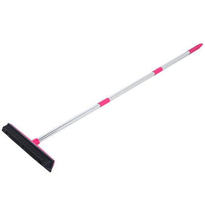 Pet Hair Removal Rubber Broom with Squeegee, Fur Remover Broom with Telescoping Long Handle for Carpet, Hardwood Floor, Tile, 12.6in (Pink) - color: Pink