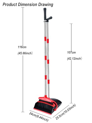Broom and Dustpan Set, Stand Upright Windproof Dustpan, Long Handle Broom and Dustpan with Teeth for Home Kitchen Room Office Lobby Floor Cleaning (Black+Red)