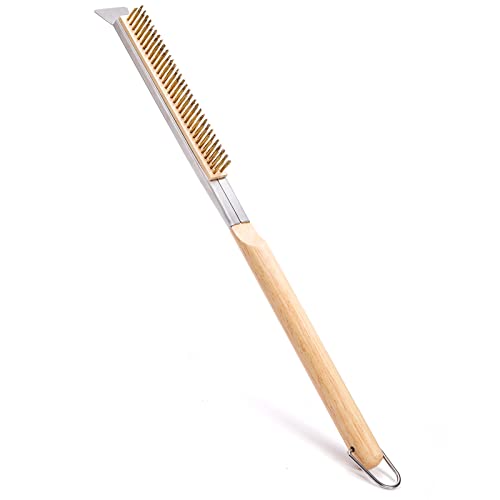 ZEAYEA 21 Inch Pizza Oven Brush with Scraper, Brass Bristles, Copper Wire Pizza Stone Cleaning Brush for BBQ Grill Cleaning, Outdoor Oven Accessories
