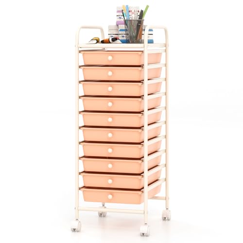 COSTWAY 10-Drawer Rolling Storage Cart, Utility Mobile Trolley with Removable Drawers & Universal Casters & 2 Brakes, Versatile Flexible Drawer Organizer Cart for Home, Office, Peach - color: Peach, size: 13"L x 15"W x 34"H (10 Drawer)
