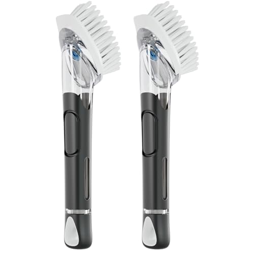 RIMAY Soap Dispensing Dish Brush, Dish Scrubber with Soap Dispenser, Dish Soap Brush, Dish Wand with Soap Dispenser Kitchen Brush for Dishes, Pans, Sink, Pots（2 Pack） - color: 2 Black