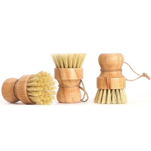 Diahom Bamboo Dish Brush Scrubber 3 Pack for Cleaning Pot Pans Hanging Rope Kitchen Dishwashing