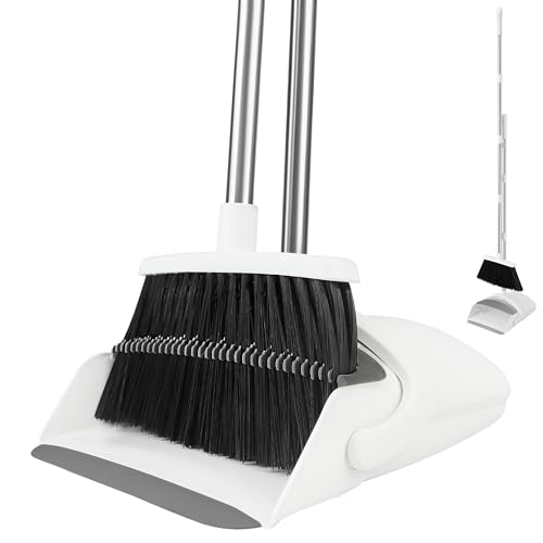 Broom and Dustpan Set for Home, 52-in Long Handle Broom with Dustpan Combo with Dustpan Teeth Easy to Scrape Off Pet Hair, Indoor&Outdoor Sweeping (White) - color: White