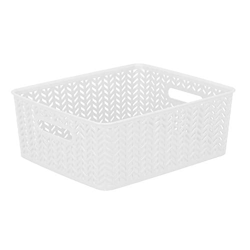 Simplify Medium Herringbone Bin, Storage Tote Basket, Organizer, Decorative, Good for Closets, Countertops, Desks, Dressers, Accessories, Cleaning Products, Sports Equipment, Toys, in White - color: White, size: Medium, style: 1 Pack