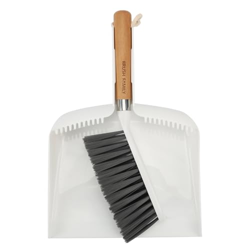 Small Broom and Dustpan Set, Multipurpose Dustpan and Brush Set with Wood Handle Teeth,13 x 8.7 inch, Hangable Portable Cleaning for Kitchen, Desktops, Bedroom, Pet Care, Camping, White,1 Set