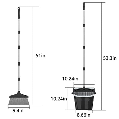 Broom with Dustpan Combo Set 54” Long Handle Household Dust Pan for Home Office Kitchen Cleaning （Black & Grey） - color: Black and Grey