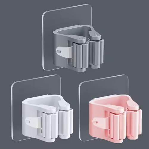 3PCS Mop Broom Holder Hook Wall Mounted Self Adhesive Detachable Non Slip Waterproof Broom Clip Organizer Bathroom Kitchen Garage, White - color: White