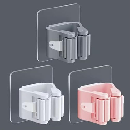 3PCS Mop Broom Holder Hook Wall Mounted Self Adhesive Detachable Non Slip Waterproof Broom Clip Organizer Bathroom Kitchen Garage, White - color: White