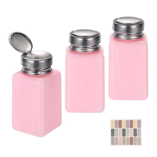 uxcell 3Pcs Push Down Solvent Dispenser, 200ml/6.7oz Anti-Reflux Liquid Pump Bottle with Stainless Steel Lid and Colorful Stickers for Acetone Alcohol Makeup Remover, Pink - color: Pink, size: 200ml/6.7oz
