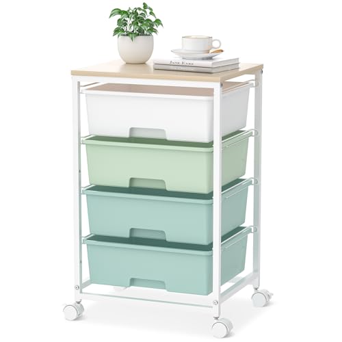 SYKIARIOL Utility Cart with 4 Drawers,Rolling Storage Cart with Drawers,Storage Rolling Drawer Cart with Wooden Tabletop for Bedroom,Kid's Room,Dorm,Classroom,Office,Green - color: Green