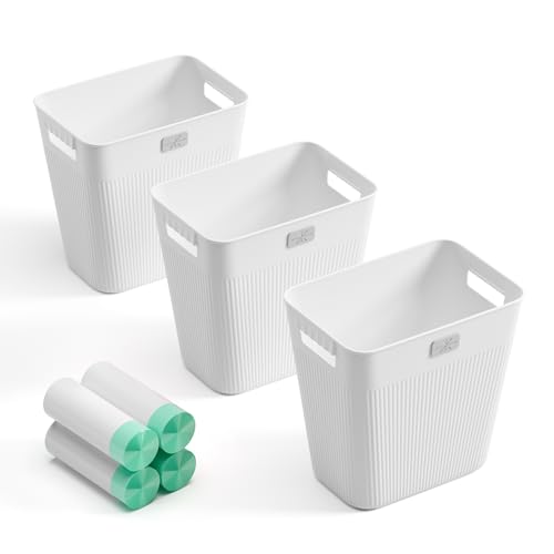 JOYMOOP Slim Trash Can 3-Pack, 2.2 Gallon Plastic Wastebasket for Bathroom, Bedroom, Office, Kitchen with 4 Rolls Bags, White - color: White, size: 3 pcs Waste Baskets+ 4 Rolls of Trash Bags