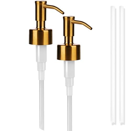 Amoliar Mason Jar Liquid Soap Dispenser Lid, Stainless Steel Replacement Pump, Cute Farmhouse Decor for Dish Soap, Lotion, Hand Soap, Refillable Soap Pump, Golden 2 Pack, Waterproof Label, 2 Long Tube - color: Golden, size: Single Pump 2 Pack