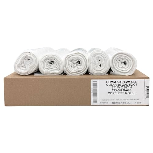 Ultrasac Heavy Duty 55 Gallon Clear Trash Bags - (Value 50 Pack) - 1.2 MIL equivalent Industrial Strength Plastic 37" x 54" for 50-55 Gal Cans -Fits Toter, Rubbermaid Brute, Carlislie Bronco etc. - color: Clear, style: 50-55 Gal, 1.5 Mil Equiv, 50 Count
