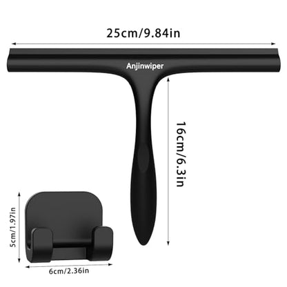 Shower Squeegee for Glass Doors with Adhesive Hook, Silicone Bathroom Squeegee for Shower Glass, Window, Tile Wall, Ergonomic Household Cleaner Tool, No-Squeak/Streak-Free/Non-Slip, 10 inch - color: All Black