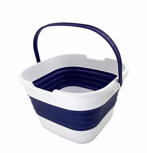 SAMMART 9.5L (2.5 Gallon) Collapsible Rectangular Handy Basket/Bucket (White/Navy Blue) - color: White/Navy Blue