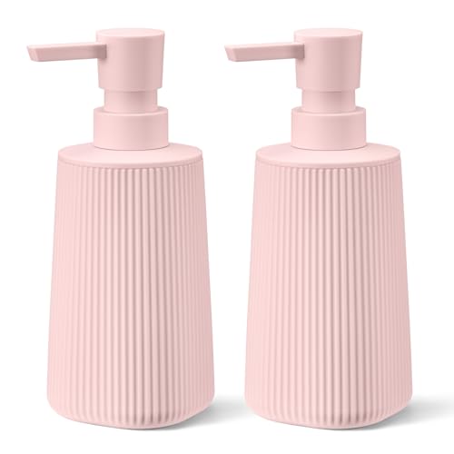 Pink 2 Pack Hand Soap Dispensers Set with No Rust Pump for Bathroom Kitchen or Vanity Countertops Refillable Striped Matte Plastic 8.5 oz Cute Design for Girls Room Decor - color: Pink Set of 2