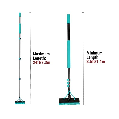 HOLDWELL 24FT Water Fed Pole Cleaning System, Extendable High-Window Brush with Soap Dispenser & 180° Rotatable Head, Dual Jets, 65.6FT Hose for House Siding - size: 24FT