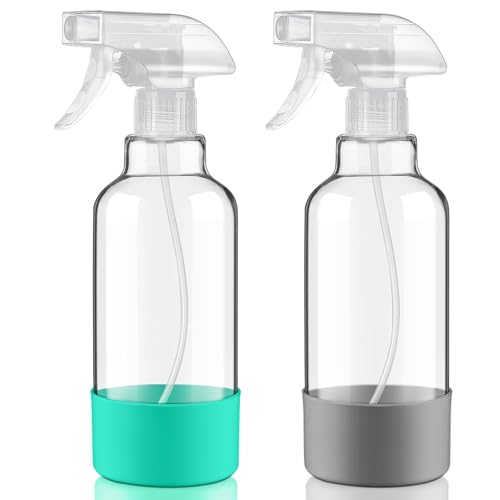 Glass Spray Bottles with Silicone Sleeve 16.9oz 2 Pack Empty Spray Bottle for Hair Mist/Stream Spraying for Cleaning Solutions, Plants, Essential Oils (clear-green&grey) - color: clear-green&grey