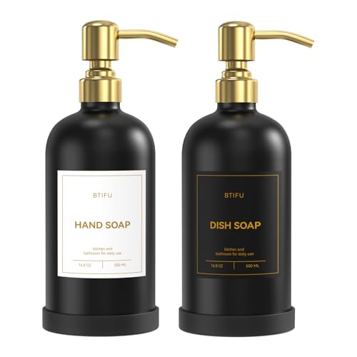 Kitchen Soap Dispenser Set – 16.8oz/500ml Glass Hand and Dish Soap Dispenser with Stainless Steel Pumps & Non-Slip Silicone Base, Luxury Countertop Decor for Home, Airbnb, Hotel (Black & Gold) - color: Black & Gold